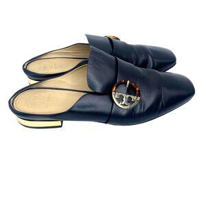 Tory Burch Sidney backless loafers black leather gold-tone heel/logo buckle sz10